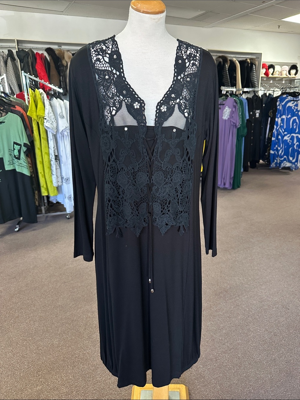 Black Lace-Trim Long Sleeve Robe with Tie Front - Women Intimates